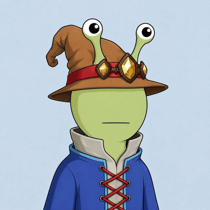 A digital illustration depicts a character with green skin and large eyes on stalks, wearing a brown wizard hat with red banding and gold jewels, and a blue tunic.