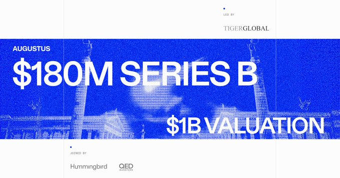 A bold blue banner announcing a **$180M Series B funding round at a $1B valuation in August**, led by Tiger Global with participation from Hummingbird and QED Ventures. The image celebrates a major financing milestone that aligns with the congratulatory post marking a significant achievement toward an onchain future.