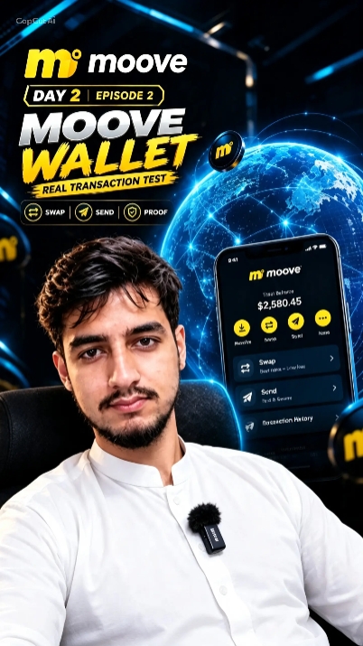 A promotional image for 'moove' featuring a young man in a white shirt, advertising 'DAY 2 | EPISODE 2 MOOVE WALLET REAL TRANSACTION TEST' with options for SWAP, SEND, and PROOF, alongside a phone displaying a wallet balance of $2,580.45.