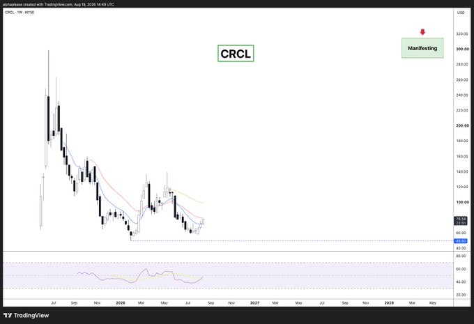 A weekly candlestick chart of CRCL (Circle, listed on NYSE) shows a dramatic decline from highs around $250 in late 2024 to a current price near $76, with annotations labeling the chart as "Manifesting." The stock's downward trajectory from its post-IPO peak visually reinforces the post's thesis that CRCL is being overlooked as the cycle's equivalent of $COIN, trading at an undervalued level relative to its long-term potential in the growing stablecoin market dominated by Circle and Tether.