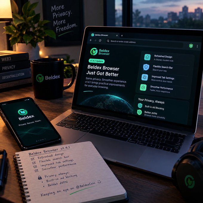 A desk setup displaying the 'Beldex Browser v1.4.1' on a laptop screen and smartphone, surrounded by a 'Beldex' branded mug, books on privacy and decentralization, and a handwritten notebook listing features like 'Refreshed design', 'Flexible search bar', 'Built-in ad blocking', and 'BelNet dVPN'.