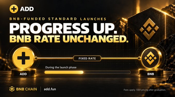 A promotional graphic for BNB Chain featuring 'ADD' and 'BNB' logos with the text 'BNB-FUNDED STANDARD LAUNCHES', 'PROGRESS UP. BNB RATE UNCHANGED.', and 'FIXED RATE' during the launch phase.