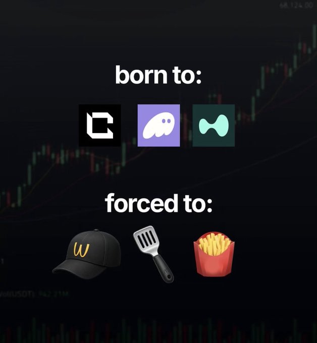 A meme graphic on a dark trading chart background reading 'born to:' with logos for crypto exchanges (Coinbase, AAVE, Maker) and 'forced to:' showing a McDonald's cap, spatula, and fries.