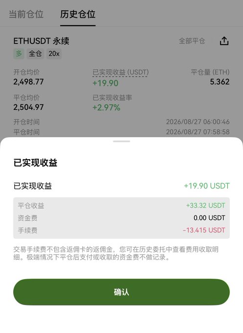 A screenshot of an OKX trading history popup for an ETHUSDT perpetual long position shows a total realized profit of +19.90 USDT, but after subtracting -13.415 USDT in fees, only +33.32 USDT of actual closing profit remains—highlighting the high trading fees that the user criticizes in the caption as "eating meat without spitting out the bones."