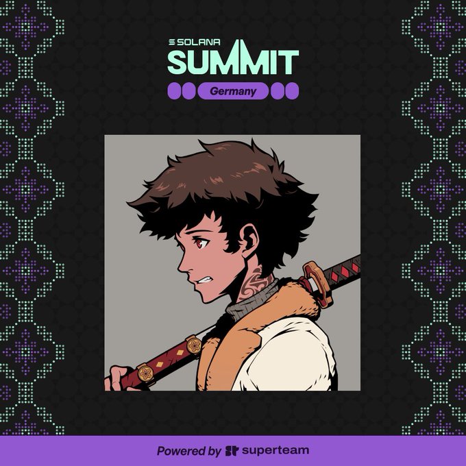 The image features a cartoon character holding a sword, which appears to be a male character. The background of the image has a patterned design with purple and green colors. The text "I'll be attending Solana Summit Germany on June 13th!" is displayed in the image, indicating that there will be an event taking place in Germany during the month of June. Additionally, the post mentions that the event is powered by SuperteamDE, which suggests that it might be a sponsored or promotional event for the company.