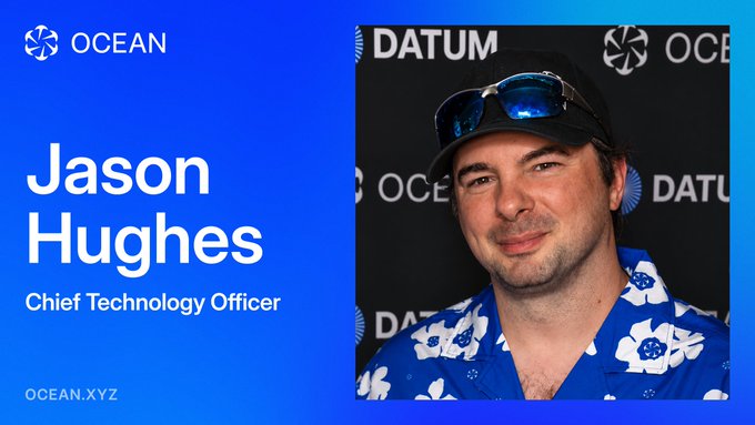A profile graphic for Jason Hughes, Chief Technology Officer at OCEAN, featuring a photo of him wearing a blue floral Hawaiian shirt, sunglasses on his cap, against a blue background with 'OCEAN' and 'DATUM' branding.