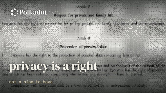 The image features a Polkadot-branded graphic overlaying text from the EU Charter of Fundamental Rights, with the bold tagline "privacy is a right, not a nice-to-have," reinforcing the message that personal data protection is a fundamental entitlement rather than an optional feature.