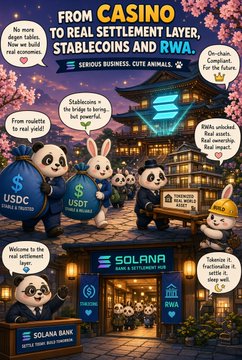 An illustrated meme featuring pandas and a rabbit in a Japanese-style setting promotes 'FROM CASINO TO REAL SETTLEMENT LAYER, STABLECOINS AND RWA' with 'SOLANA' branding and 'USDC'/'USDT' money bags.