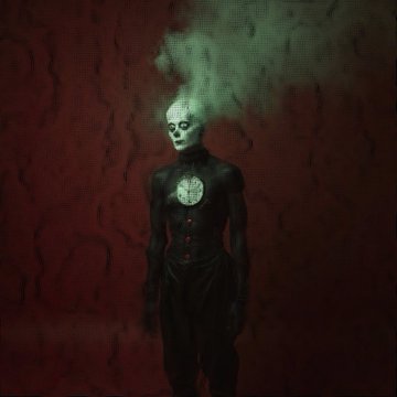 A dark, eerie figure with a skull-like head, wearing a black suit with a glowing green emblem, stands against a blood-red background while smoke billows from its head.