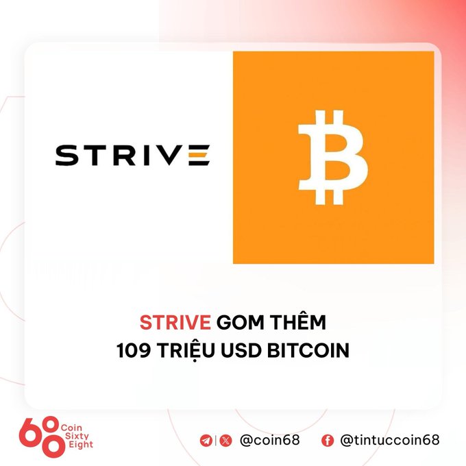 A graphic showing the Strive logo next to the Bitcoin (₿) symbol, with text reading "STRIVE GOM THÊM 109 TRIỆU USD BITCOIN" by Coin Sixty Eight (coin68).