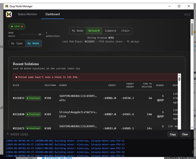The image shows a computer screen with the website of Quip Network Manager displayed, which appears to be showing information about the software's latest version number. The post that links back to this image features a title reading " node @quipnetwork đã nâp cấp lên phiên bản mới các bạn có thể cập nhật và chạy, có rất nhiều cập nhật mới trong bản cập nhật này.". The connection between the image and this post suggests that someone may have made a recent change or update to the software, as indicated by the screenshot on Quip Network Manager's dashboard.