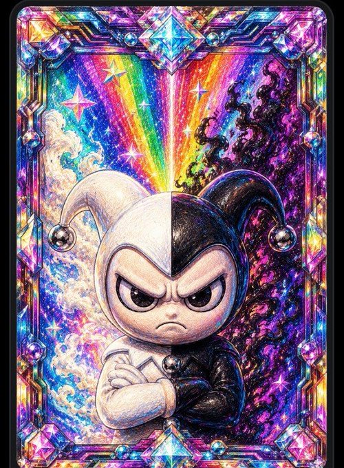 A vibrant, symmetrical illustration of a jester-like character split between light and dark halves, set against a cosmic rainbow background and framed by an ornate crystalline border.