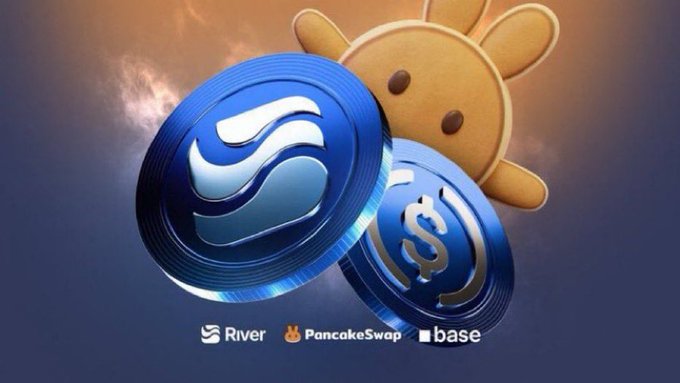 Two stylized blue coins—one bearing a wave-like "R" emblem and the other a dollar sign—are shown alongside a golden cartoon bunny mascot, with logos for **River**, **PancakeSwap**, and **base** displayed beneath them.

The image illustrates the post's theme of **River** refining its reward tracking and weighting system, with the coin visuals symbolizing on-chain incentives and the bunny mascot representing PancakeSwap's community involvement on the Base network.