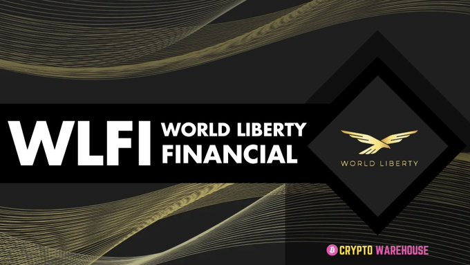 A World Liberty Financial (WLFI) promotional banner with black and gold styling featuring an eagle logo and decorative wave patterns, branded by Crypto Warehouse.