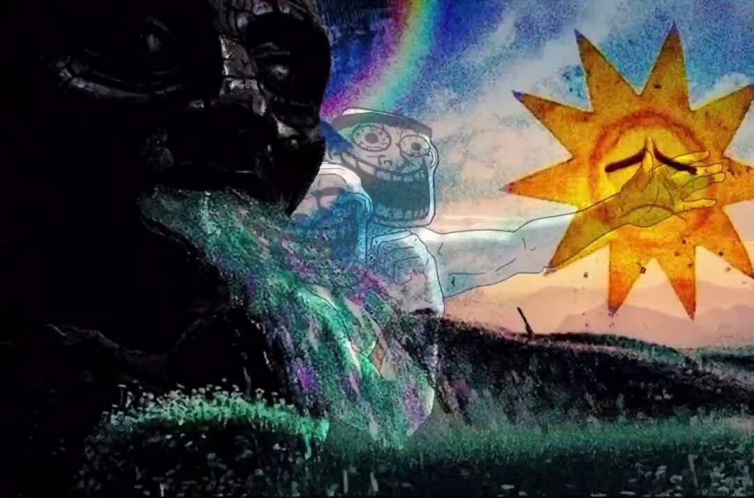 The image features an abstract painting with a large sun, surrounded by a rainbow and a black figure or monster. The sun appears to be spewing out water from its mouth, creating a sense of chaos and destruction. The background includes grass and mountains, adding depth to the scene. The painting is titled "The hate and jealousy toward $Troll has always been funny to me. Let me explain why I believe in it." This title suggests that the artist's feelings towards the character are humorous or amusing.