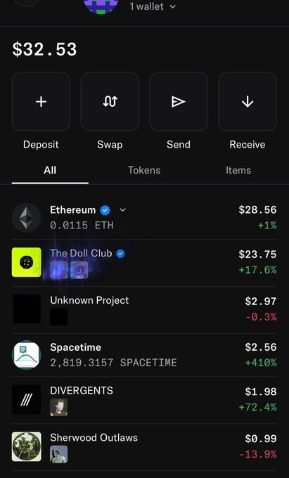 A crypto wallet screenshot shows a total balance of $32.53, with The Doll Club NFT holdings valued at $23.75 (+17.6%), reflecting the user's recent purchase of two @dollclubnft NFTs.