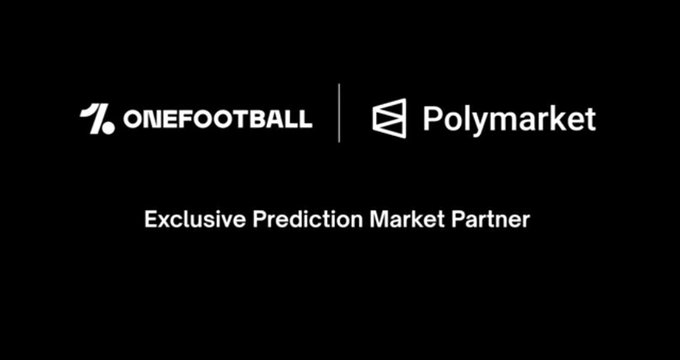 The image features a black background with white text that reads "7OneFootball Polymarket Exclusive Prediction Market Partner Soon, football fans can turn match predictions into real stakes directly inside the OneFootball app". The text is centered within the image, making it easy for viewers to read and understand the content.