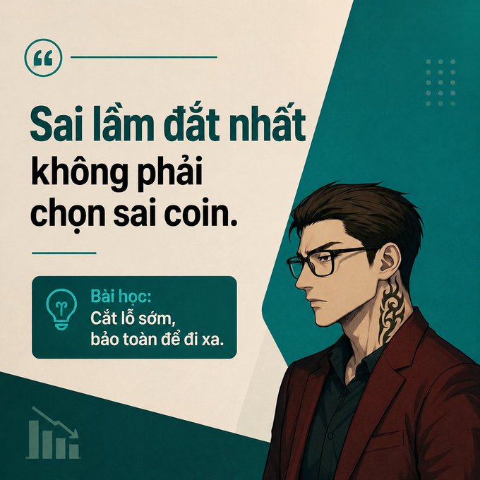 A Vietnamese quote graphic reading 'Sai lầm đắt nhất không phải chọn sai coin' (The most expensive mistake is not choosing the wrong coin), with a lesson 'Cắt lỗ sớm, bảo toàn để đi xa' (Cut losses early, preserve to go far), accompanied by an illustrated man with glasses and a tattoo.