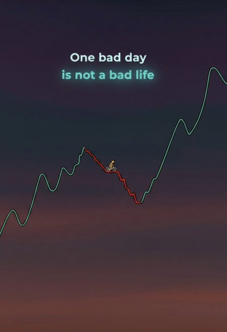 A stock chart with an overall upward trend shows a red downward dip in the middle, captioned "One bad day is not a bad life," reinforcing the post's message that a temporary setback shouldn't deter pursuit of long-term success. The visible tickers ($PVE, $DOLORES) suggest the author is eyeing new opportunities after yesterday's dip.