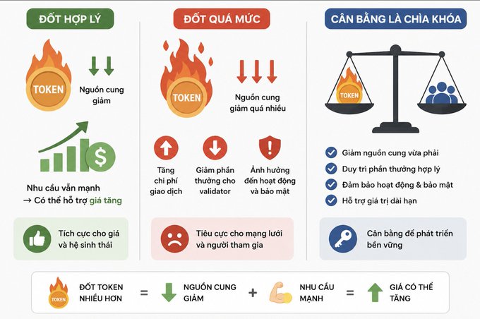 An infographic in Vietnamese explains a token economy, contrasting "ĐỘT HỢP LÝ" and "ĐỘT QUÁ MỨC" scenarios, and emphasizing "CÂN BẰNG LÀ CHÌA KHÓA" (Balance is key) using fire, chart, and scale icons.