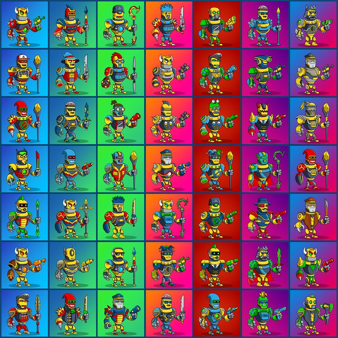 A grid of 42 colorful robot warrior characters, each set against a different vibrant background color (red, blue, green, purple, pink, orange, etc.) that creates a rainbow effect, matching the "RAINBOW" theme of the post inviting viewers to pick their favorite background color.