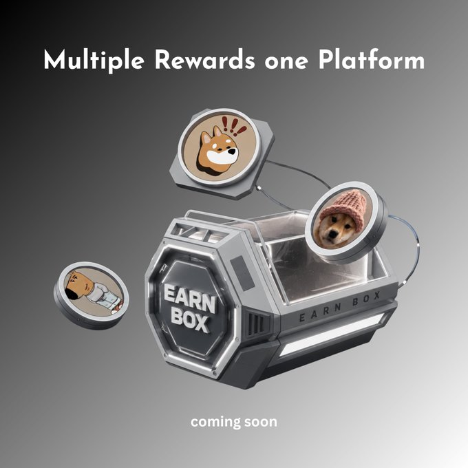 A promotional graphic with the text 'Multiple Rewards one Platform' showing a futuristic 'EARN BOX' container surrounded by floating circular icons featuring Shiba Inu and Doge memes, with 'coming soon' written at the bottom.