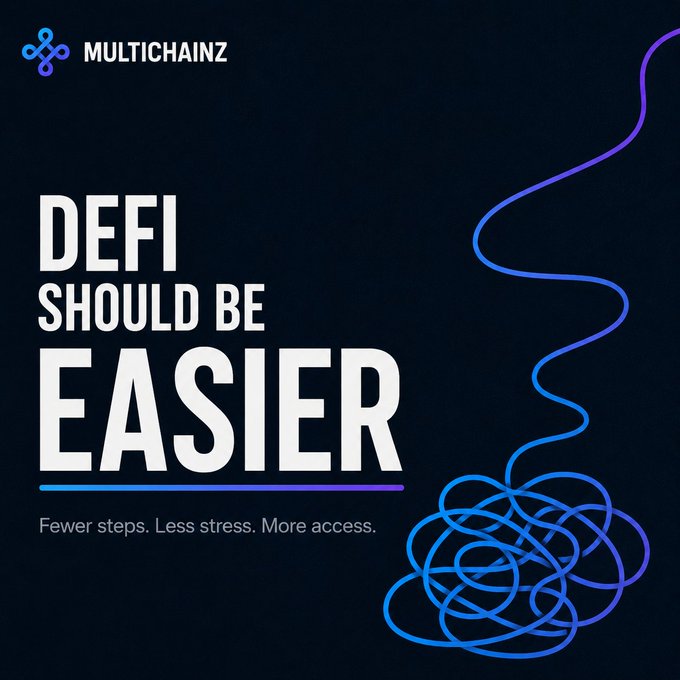 Multichainz promotional graphic reading 'DeFi should be EASIER - Fewer steps. Less stress. More access.' with a tangled blue cord illustration.