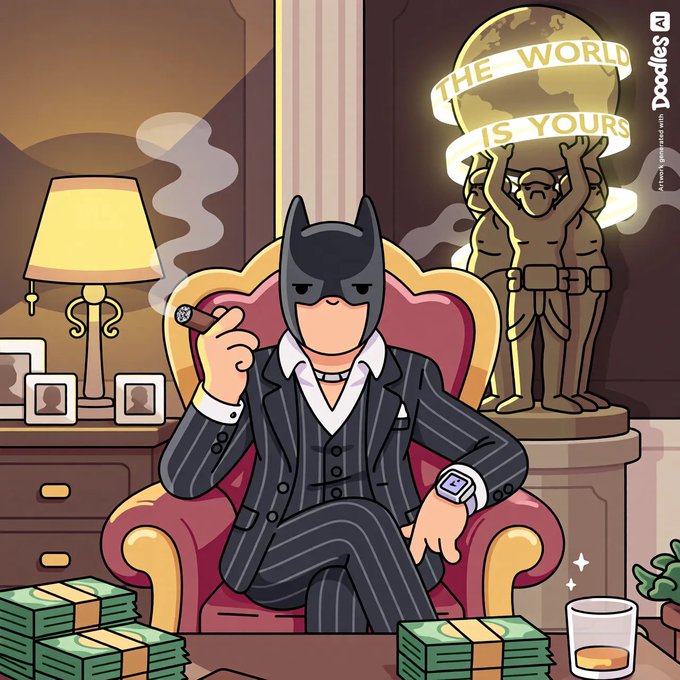 A cartoon illustration in the Doodles NFT style featuring a Batman-like character in a pinstripe suit smoking a cigar in an armchair, with stacked cash, a globe labeled 'THE WORLD IS YOURS', and a Doodles statue in the background.