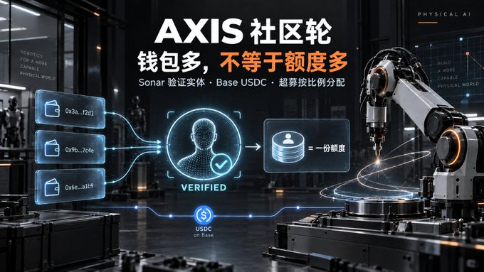A promotional graphic for 'AXIS' featuring a robotic arm, text in Chinese, and elements labeled 'Sonar', 'VERIFIED', 'USDC on Base', and 'PHYSICAL AI'.