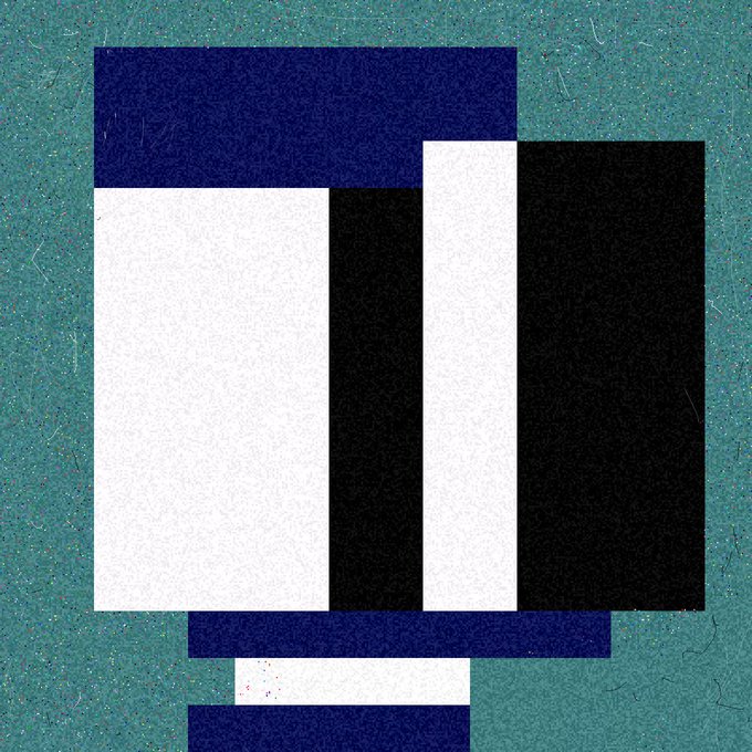 An abstract geometric composition on a textured teal background, featuring overlapping rectangles in dark blue, black, and white arranged in a layered architectural pattern.