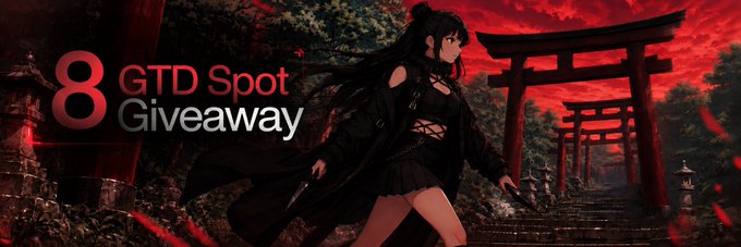 A promotional banner for an '8 GTD Spot Giveaway' featuring an anime-style female character in black standing before a red torii gate with a dark, moody atmosphere.