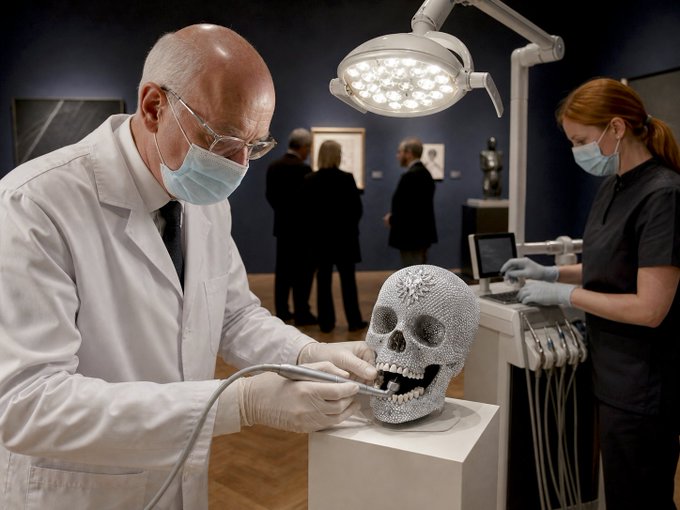 A bald man in a white lab coat, mask, and glasses uses a dental tool on a diamond-encrusted skull in a gallery setting, while a masked assistant works nearby and visitors observe in the background.