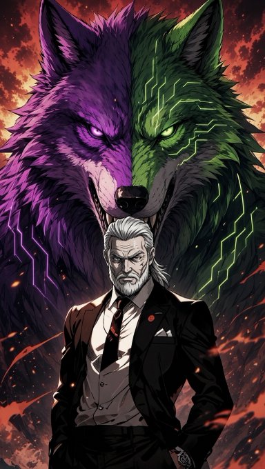 Comic book style illustration of a stern white-haired man in a black suit standing before a snarling two-headed wolf—one head purple with circuit patterns, the other green—against a fiery red background.