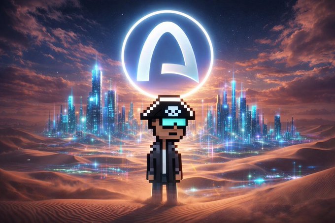 A pixelated character wearing sunglasses and a cap stands in a desert before a futuristic glowing cityscape, with a large circular "A" logo floating above them under a dramatic sky.