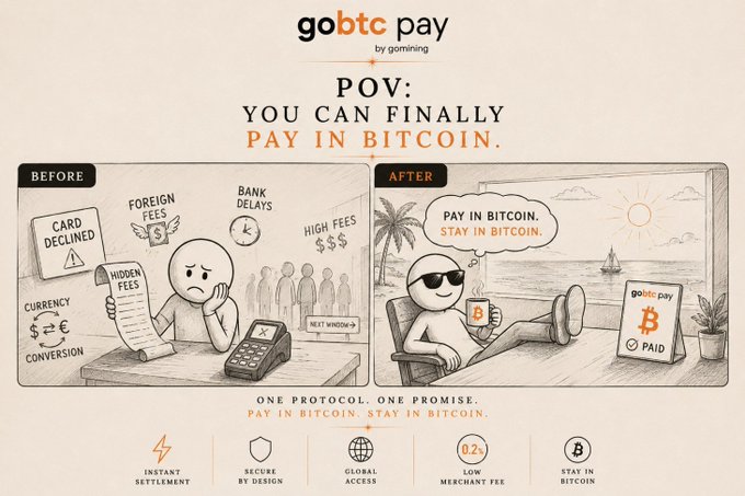 A promotional graphic for "gobtc pay by gomining" featuring the headline "POV: YOU CAN FINALLY PAY IN BITCOIN," with a "BEFORE" panel showing a frustrated figure dealing with card declines, hidden fees, foreign fees, and bank delays, contrasted with an "AFTER" panel of a relaxed person enjoying a beach view with the tagline "PAY IN BITCOIN. STAY IN BITCOIN." and feature icons highlighting instant settlement, secure design, global access, low merchant fees, and staying in Bitcoin—visually reinforcing the post's message about skipping traditional card payment frustrations by switching to Bitcoin.