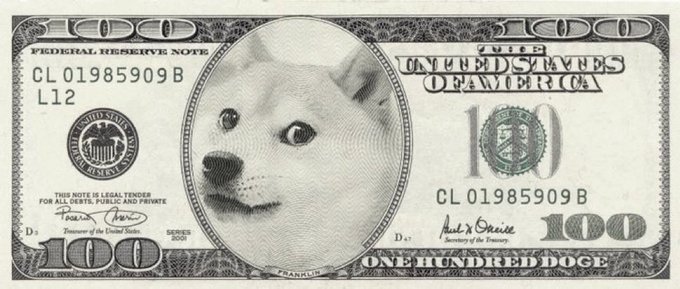 The image shows a $100 bill edited with a Shiba Inu dog's face, labeled "OF AMERICA," which ties to the post by playing on the popular "Doge" meme and its self-fulfilling joke format teasing future price predictions for $DOGE cryptocurrency.