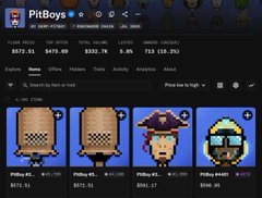 A screenshot of a PixBay NFT marketplace page displaying pixel-art style collectible items (appears to be toilet-themed NFTs) with price information and a total sales volume of 8,388 BTC.
