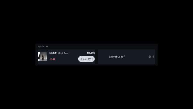 A dark interface screen displaying 'Cycle #6' with a listing for 'BEER Greek Beer' at $2.59K, showing an offer of 0.01 ETH and a wallet address ending in $117