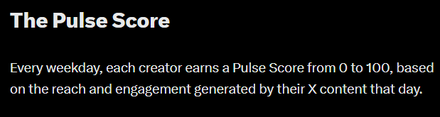 The image displays the title "The Pulse Score" with text explaining that "Every weekday, each creator earns a Pulse Score from 0 to 100, based on the reach and engagement generated by their X content that day." This relates to the post by describing the daily virality scoring mechanism used to determine creator rankings on the Robinhood Fantasy top platform.