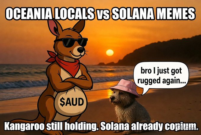 A meme image titled "OCEANIA LOCALS VS SOLANA MEMES" showing a cartoon kangaroo with sunglasses, a red bandana, and a pouch labeled "$AUD" standing next to a cap-wearing dog saying "bro I just got rugged again..." with the caption "Kangaroo still holding. Solana already copium."