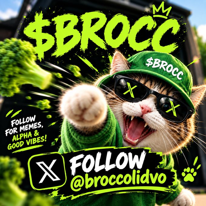 A promotional meme-style image features a cat wearing a green cap and sunglasses with X marks, set against a graffiti backdrop with the text '$BROCC', 'FOLLOW FOR MEMES, ALPHA & GOOD VIBES!', and 'FOLLOW @broccolidvo' alongside an X logo.