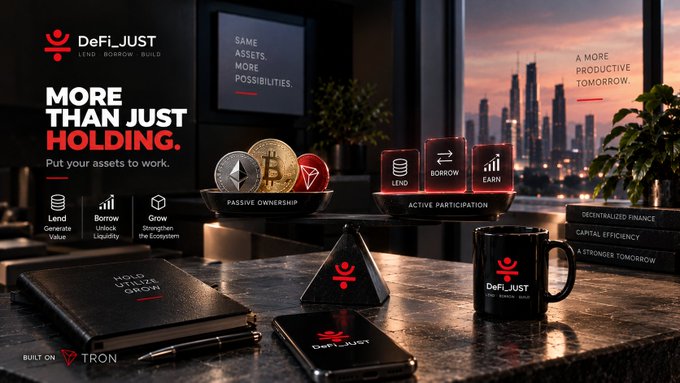 An advertisement for 'DeFi_JUST' with the tagline 'MORE THAN JUST HOLDING,' showing physical crypto coins and various DeFi features like 'LEND', 'BORROW', and 'EARN' on a desk.