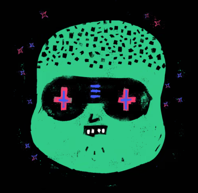 The image features a green cartoon face with red eyes, wearing sunglasses that have blue crosses on them. The background of the image is black, which contrasts with the colorful face. There are also stars scattered throughout the scene, adding depth and dimension to the overall composition. The caption at the bottom of the image reads "Grifters are 15X rarer than your average PFP." This statement refers to a recent post on social media that has gained significant attention due to its rarity or uniqueness.