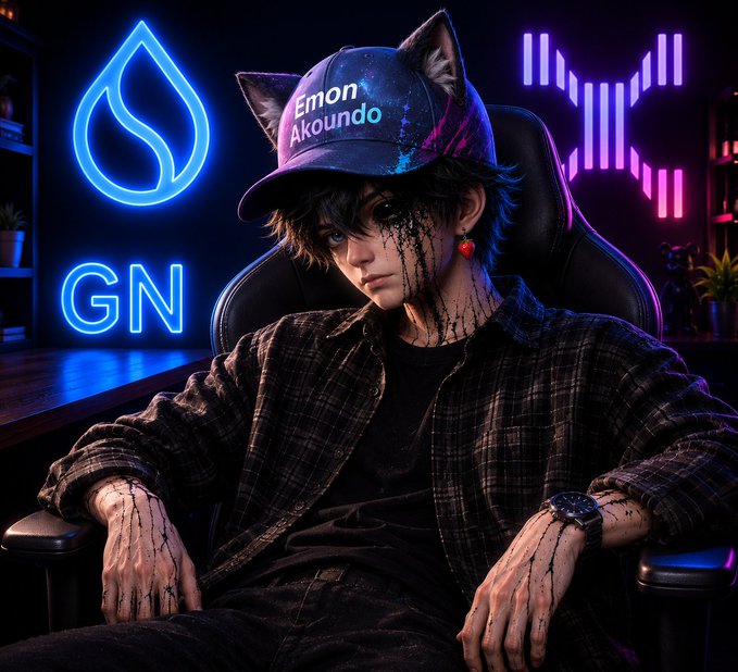 Anime-style character with cat ears wearing a cap reading "Emon Akoundo" sits in a neon-lit room beside blue signage showing "GN" and a flame logo, matching the post's "Good Night" greeting.