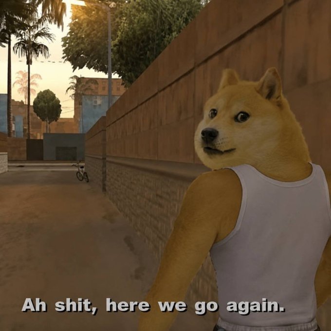 The image features the "Cheems" dog meme wearing a white tank top in a video game-style alleyway, with the text "Ah shit, here we go again." The relatable meme humorously ties into the "gm winners" post by capturing that weary, familiar sentiment of facing yet another repetitive day—turning a simple "good morning" into a comedic sigh of resignation.