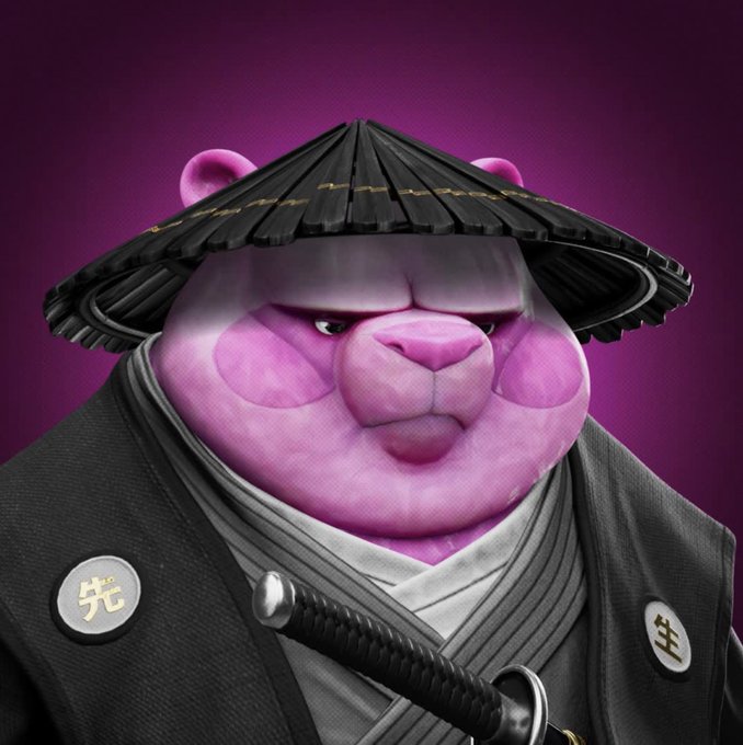 A stern pink bear with a frowning expression wears a traditional conical straw hat (kasa) and dark samurai-style robes adorned with circular emblems reading "光" (light) and "生" (life), while gripping a katana. The purple-tinted bear and background cleverly align with the "i bleed purple" sentiment, symbolizing unwavering loyalty to the Solana ecosystem.