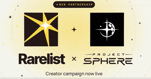 Promotional graphic announcing a new partnership between Rarelist and Project Sphere, featuring a creator campaign now live.
