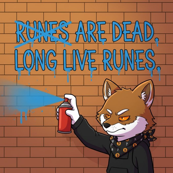 The image features a cartoon dog wearing a bandana, holding a can of spray paint with blue paint dripping from it. The text "RUNS ARE DEAD LONG LIFE RUNES" is written above the dog's head, which appears to be graffiti on a brick wall. The caption below the dog reads "LONG LIVE Bitcoin and Solana", suggesting that the image may be related to cryptocurrency or digital art.