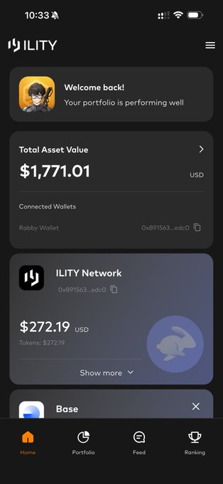 A mobile screenshot of the ILITY app showing a Total Asset Value of $1,771.01 USD, with a welcome message 'Your portfolio is performing well' and ILITY Network tokens valued at $272.19 USD.