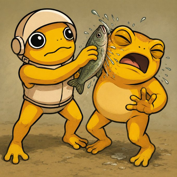 A cartoon illustration shows two yellow frog-like characters; one wearing a white helmet pushes a fish into the other's face, who cries with mouth open.